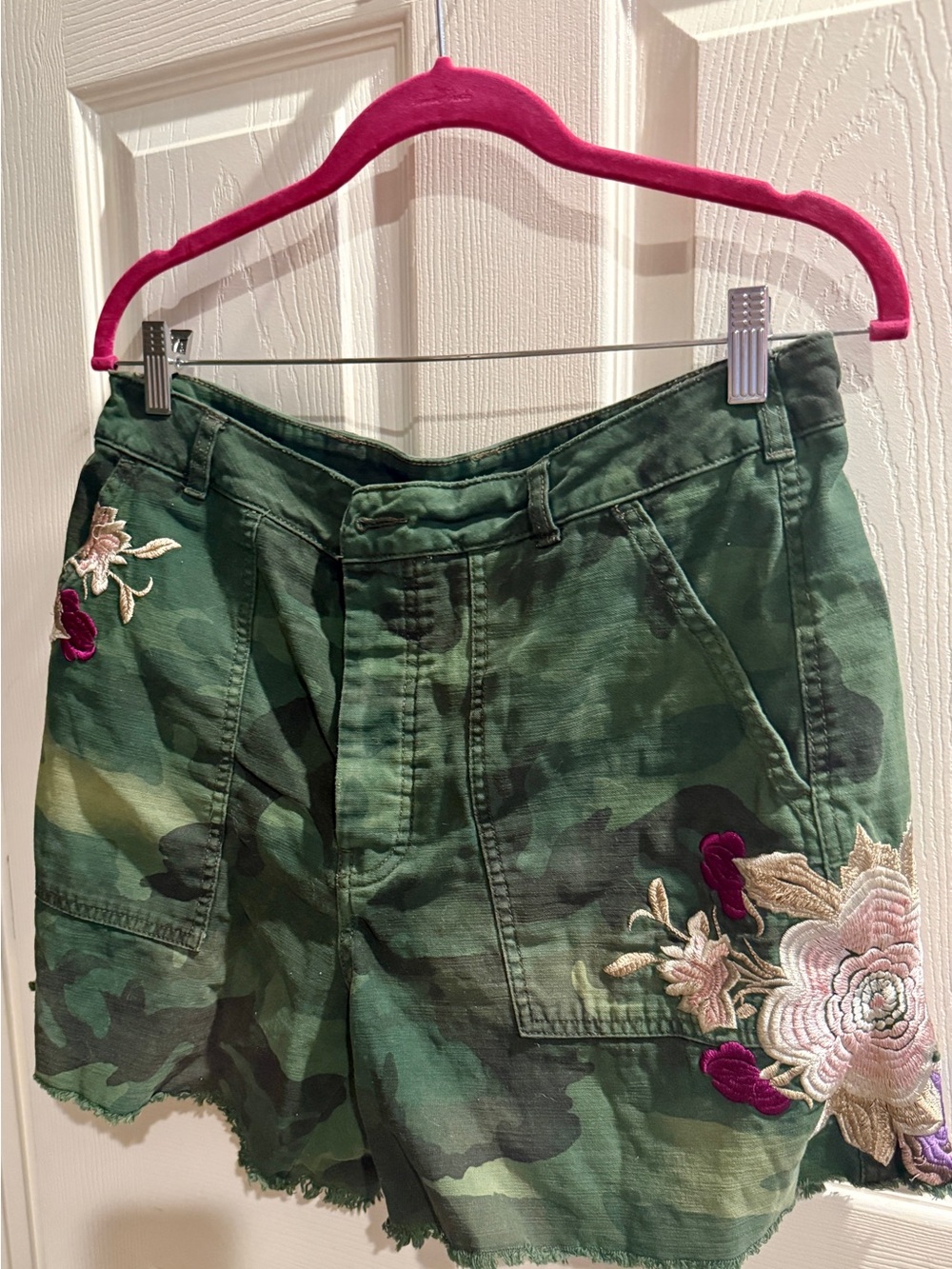 We The Free Green Camo Embroidered Jean Shorts